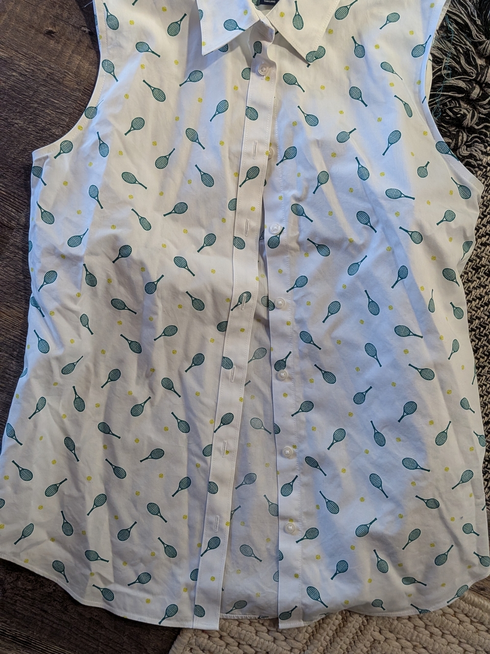 Lands' End White Sleeveless Button-Down with Teal Racket Print and Yellow Dots